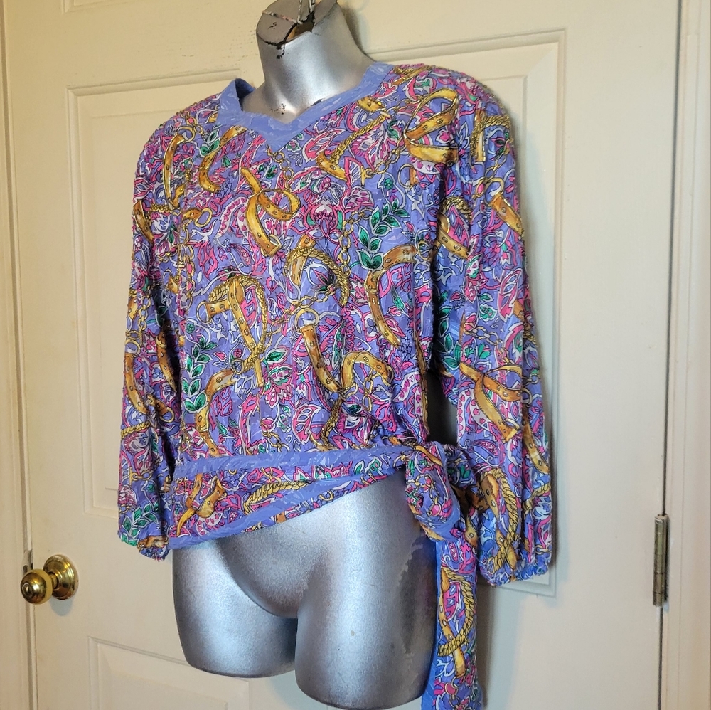 Vintage  80s Diane Freis Blouse in Silk Baroque Print Top  Side Sash